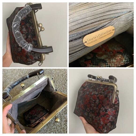 Handmade Genuine Sheepskin Floral Print, Wood Handle Bag & Small Clutch Set - Picture 14 of 16